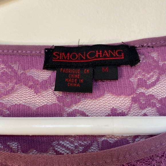 Simon Chang Long Sleeve Purple Floral Lace Sweetheart Neckline Top (Size Medium) - Picture 3 of 9